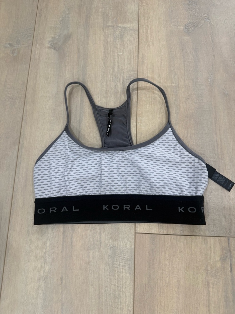 Koral White and Gray Mesh Racerback Sports Bra with Black Logo Band